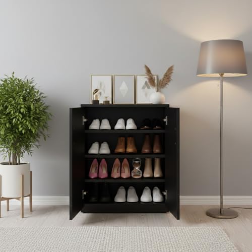 Image of Wooden Shoe Rack with Doors | Compact Shoe Cabinet for Home Entryway & Living Room | Closed Footwear Storage Organizer with Adjustable Shelves | (76 x 60 x 32 cm) (DARK WENGE, 4 Shelves) DIY