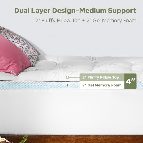 Image of BEDLORE 4 Inch Memory Foam Mattress Topper Twin XL for College Dorm Room Essentials, 2-in-1 Dual Layer Design (2 inch Gel Memory Foam + 2 inch Plush Pillow Top Cover) Mattress Topper Medium Firm(White)