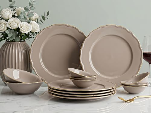 Image of Bodhi House 14-Piece Gold Rim Porcelain Dinner Set | Plates & Bowls Set | Lightweight, Chip Resistant, | Dishwasher Safe | Ideal for Home Dining & Gifting Tableware Set | Thunder Grey