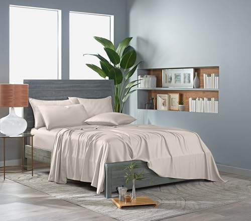 Image of Pure Bamboo King Sheets, Genuine 100% Organic Viscose Derived from Bamboo Bed Sheet Set, Luxuriously Soft & Cooling, Double Stitching, 2 Year Quality Promise (King, Creme)