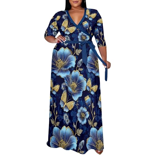 Image of SUZONANA Plus Size Maxi Dresses for Curcy Women Casual Loose 3 /4 Sleeve Long Dress with Belt