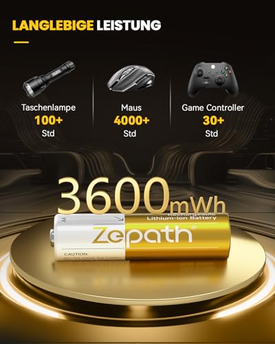 Zepath 4 x AA Lithium Akkus, Wiederaufladbare 1.5V Li-ion 3600mWh Batterien haben einen konstanten Spannungsausgang – Ansicht 5