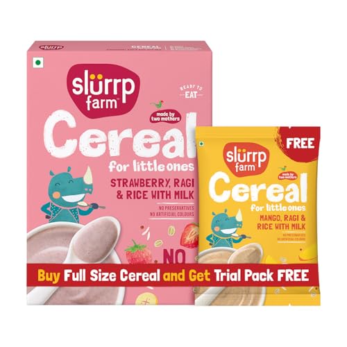 Slurrp Farm No Added Sugar Instant Cereal | Ragi, Rice and Strawberry with Milk | Free Mango Cereal Trial Pack | 200g + Free 50g