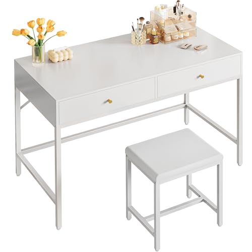 SUPERJARE 43-inch White Desk with 2 Drawers and Padded Stool
