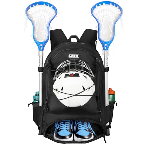 LARIPOP Lacrosse Bag Durable Equipment Backpack with 2 Stick Holders Dedicated Helmet Compartment for Field Hockey Youth & Adult Players