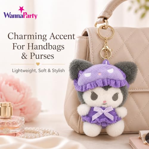 Image of Wanna Party Cute Kawaii Plush Keychain, Soft Black & White Character Bag Charm with Purple Outfit
