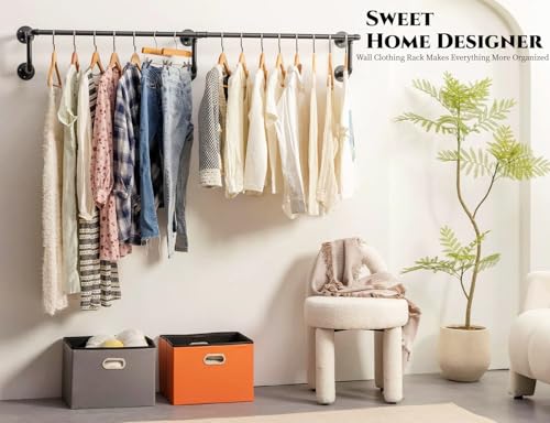 Heavy Duty Black Industrial Pipe Clothing Rack, Wall Mount, Space Saving