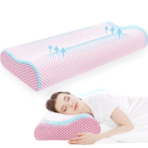CloudBliss Memory Foam Pillow, Ergonomic Neck Contour Cervical Pillow for Back and Shoulder Pain, Orthopedic Pillow for Neck Pain Relief, for Sleeping Side, Back, Stomach Sleepers - Pink, King