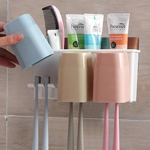 Getko With Device Wall Mounted Plastic Toothbrush Holder with 3 Cups, Bathroom Wall Hanging Storage Rack for Keeping 6 Toothbrush and Bathroom Accessories