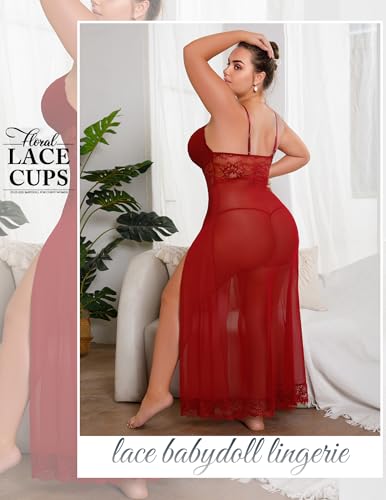 Image of Alrovetoney Plus Size Lingerie For Women Babydoll Sexy Mesh Maxi Nightdress Exotic Sleepwear Side Slits