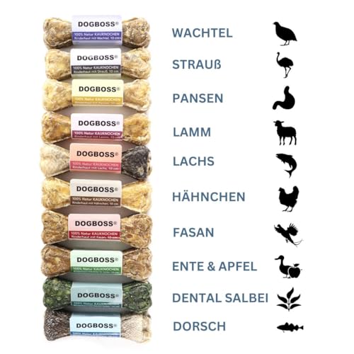 DOGBOSS 100% Natur Kauknochen speziell für kleine Hunderassen (2-10kg) in verschiedenen Geschmackssorten (10er Probierset 10 cm)