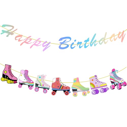 Decoraciones de fiesta de patines de ruedas de cumpleaños, decoraciones coloridas para fiestas de patines de ruedas con purpurina, decoración para colgar,Roller Skating Birthday Banner