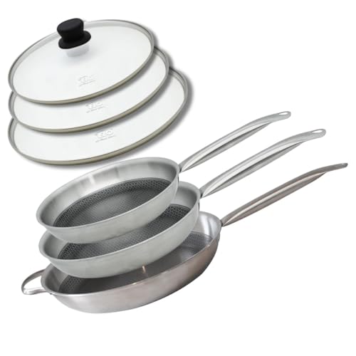 Elo 9350550 Lot de 3 Poêles 24, 28 et 32 cm en Acier Inoxydable 18-10 avec Couvercles, sans PFAS, Antiadhésive, Induction, Revêtement Antiadhésif sans PFAS, Inox, Aluminium, Gris Alu, 24, 28 et 32 cm