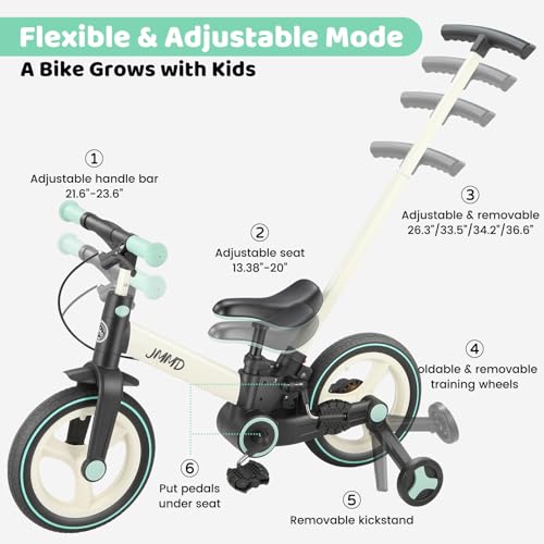 JMMD 6 in 1 Toddler Bike with Push Handle for Kids 18-60 Months, 12" Foldable Balance Bike with Training Wheels, Pedals, Brakes, Kickstand, Push Tricycle Toddler Gift & Toys for Boy & Girl