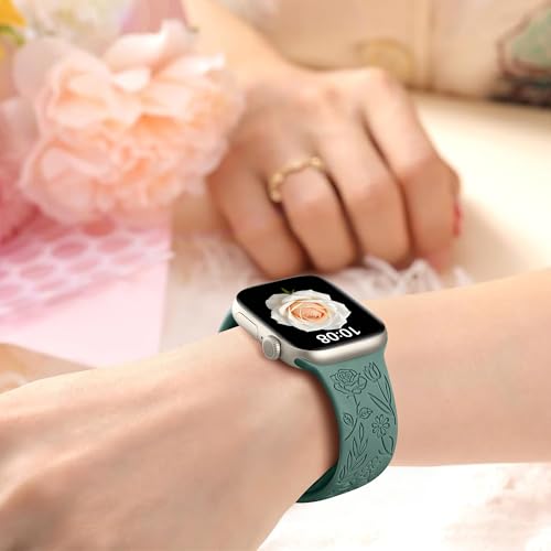 Image of SNBLK 6 Pack Floral Engraved Bands Compatible with Apple Watch Bands 40mm 41mm 42mm 38mm 44mm 45mm 46mm 49mm Women Men, Silicone Flower Pattern Strap for iWatch Series 11 10 Se Ultra 9 8 7 6 5 4 3 2 1