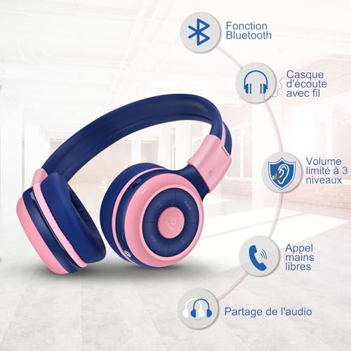Oreillette stéréo Bluetooth pliable rose pour apprentissage autonome