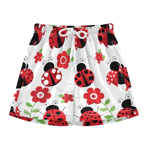 Aflyko Natural Boys' Board Shorts Ladybug Cute Red Flower Girls Swim Trunks Beach Bathing Suit 4-13T