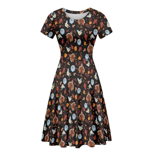 Image of POLERO Women Puffy Swing Elegant Party Midi Dresses Short Sleeve Round Neck A-Line Dress