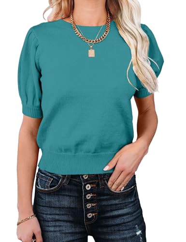 Image of Womens Puff Short Sleeve Sweater Tops Crewneck Basic Knit Pullover Lightweight Casual Sweaters