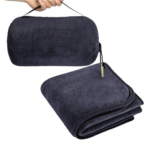 柔らかい 防災 飛行機 旅行用ブランケット ブランケット 折り畳みデザインと専用収納ポーチ付き 電車 キャンプ バックパッキングと旅行に最適 ダークブルー