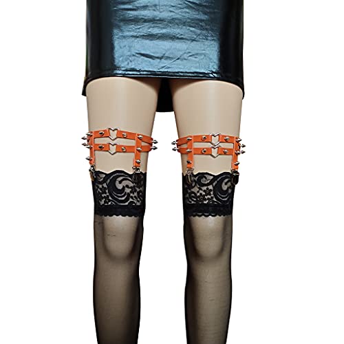 Ligueros de cuero para mujer, diseño de corazón, banda punk rock tachonado elástico muslo ligas ajustable - naranja - Talla Única