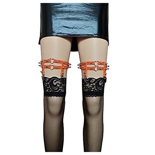 Ligueros de cuero para mujer, diseño de corazón, banda punk rock tachonado elástico muslo ligas ajustable - naranja - Talla Única