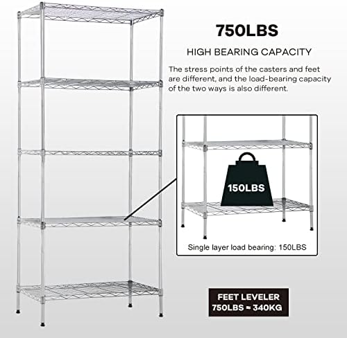 Actask Heavy Duty Shelving Unit, 5 Tier Metal Wire Shelves Unit with Adjustable Levelling Feet Durable Storage Unit for Garage Kitchen Bathroom Pantry - 750LBS/340 KG Capacity, Chrome
