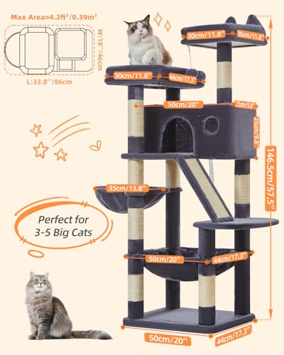 Image of Taoqimiao Cat Tree 57.5-Inch, Cat Tower for Indoor Cats Large Adult, Extra Large Cat Condo, 8 Sisal Scratching Posts, Metal Frame Cozy Hammock, Durable Scratch Board, 2 Top Perches, Smoky Gray MS026G