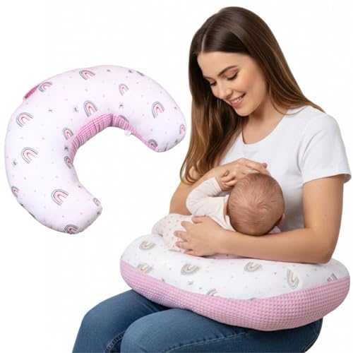 Pirinins Cojin Blando Bebe,100% Algodon Organico,Almohada para bebé, Lactancia, Cojin Baby en Forma de U, Suave,Hipoalergenico, Transpirable, Industria España (Arcoíris)