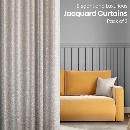 Image of haus & kinder Printed Jacquard Window Curtains 5 Feet Long Pack of 2 Window Curtains, 5 Feet Curtains for Window (Willow Breeze, Ivory Nature 130x152 CM)