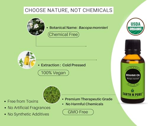 Image of Earth N Pure Brahmi Oil for Hair, Cold Pressed, Natural and Therapeutic Grade With Glass Dropper - 30 ML