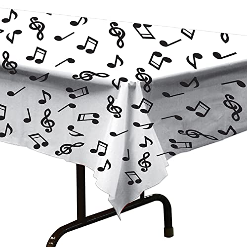 Beistle Plastic Rectangle Musical Notes Tablecover Disposable Music Theme Tablecloth, Birthday Party Tableware, White/Black, 54" X 108" #TOP29