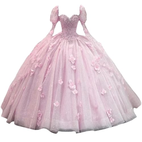Dydsz Sparkly Tulle Quinceanera Dresses with Sleeves Flowers Prom Ball Gown with Bow Sweet 15 16 Dress for Teens