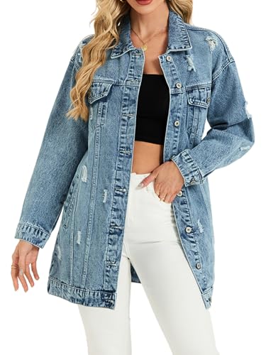 LifeShe Long Denim Jacket Women Oversized Distressed Midi Jean Jackets Fall Loose Trench Coat Trendy