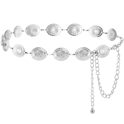 NXPUXP Western Metal Concho Belt,Cowgirl Concho Chain,Adjustable Waist Chain for Women,Suitable for Dresses,Jeans,Costumes (Silver-2025),M,Non-Precious Metal,No Gemstone