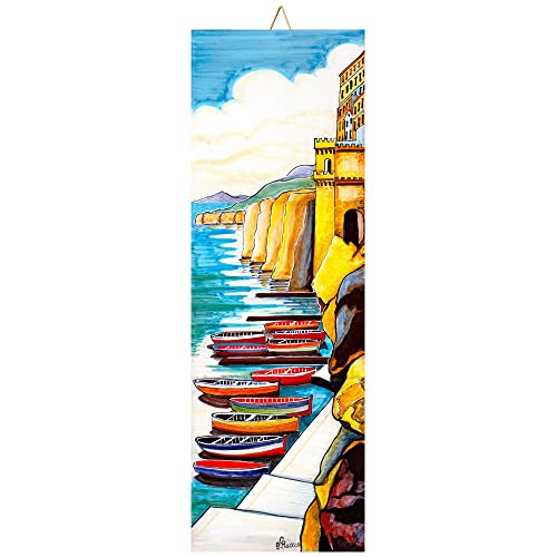 Baldosa cerámica cm. 10x30 con Impresión de un Paisaje de la Costa de Amalfi, Paisaje Sorrento Día Azulejo Ornamental para Colgar.