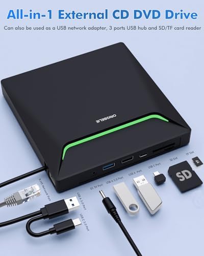 New External CD DVD Drive, Cool DVD Burner USB 3.0 with Ethernet Adapter, 3 USB and 2 TF/SD Card Ports, CD DVD Player Reader Writer Optical Disc Drive for Laptop MacBook PC Windows Linux Mac OS - 2