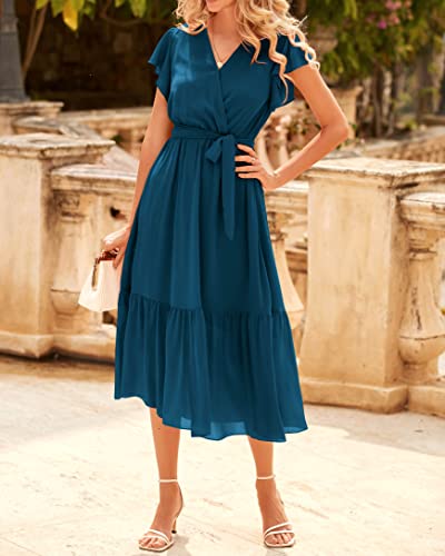 Image of BTFBM Women Summer Bohemian Floral Casual Wrap V Neck Ruffle Cap Sleeveless Belt A-Line Pleated Hem Midi Sun Dress White