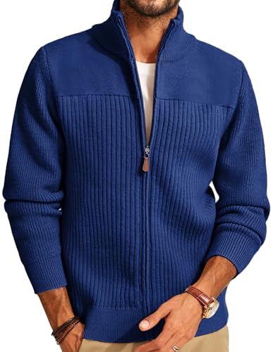 PJ PAUL JONES Mens Knitted Cardigan Full Zip up Ribbed Stand Collar Warm Sweaters Winter Jacket S Blue