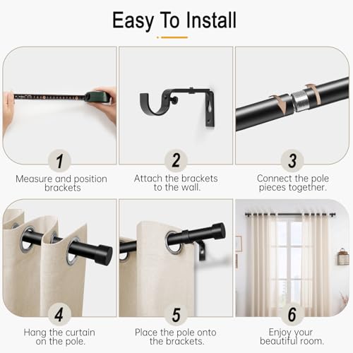 DEFYNEE Curtain Poles, 80 to 183 cm Matt Black Curtain Pole for Eyelet Curtains 25mm Diameter Long Curtain Rod Extendable with Bracket Decorative Curtain Pole for Bedroom, Living Room - Image 6