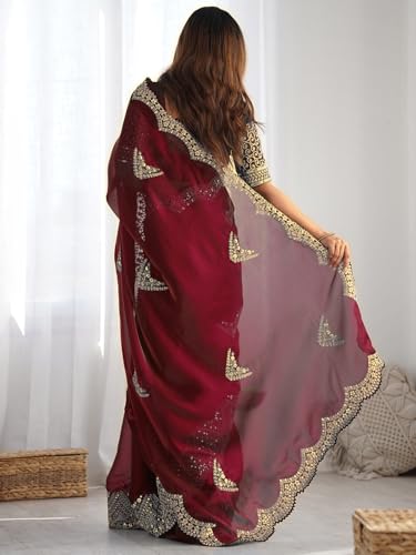 Image of Satrani Women's Tissue Silk Sequin Embroidery Scalloped Border Saree with Unstitched Blouse Piece
