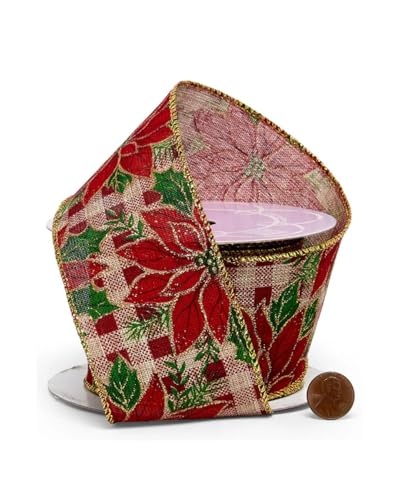 Image of Poinsettia Plaid Christmas Tree Ribbon - 2 1 /2 inch x 10 Yards, Wired Holiday Ribbon, Gift Wrapping, Garland, Wreath, Bows, Presents, Fundraiser, Boxing Day, Classroom, Office, Arts and Crafts