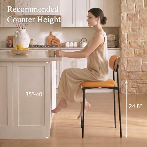 Image of GrandNoor Modern Bar Stools Set of 3, 24 Inch Upholstered Brown Faux Leather Counter Height Stools with Curved Backrest & Metal Legs, Wood Grain Back Bar Chairs for Kitchen Island