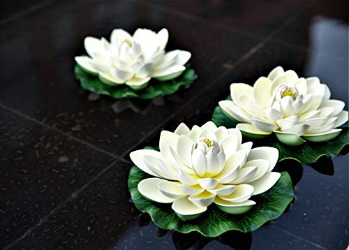 Navadeal 6Pcs Artificial Floating Foam Lotus Flowers With Water Lily Pad Ornaments, Ivory White, Perfect For Patio Koi Pond Pool Aquarium Home Garden Wedding Party Holiday Decoration(With No Lights) #TOP3