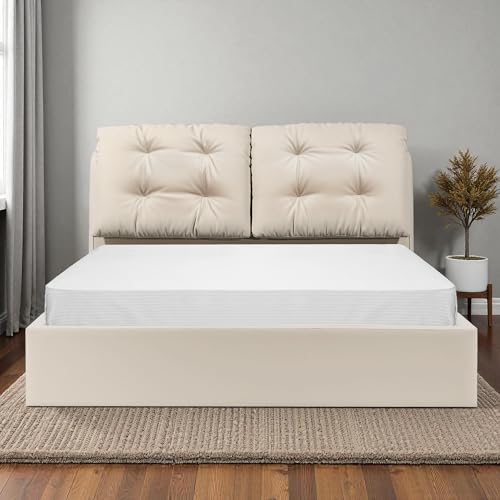 Image of The Attic Luna Queen Size Hydraulic Storage Bed with Tufted Cushion Headboard Cream Beige