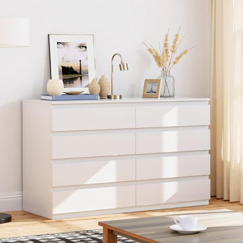 Dresser for Bedroom with 8 Wide Drawer, White Wood Dresser, Modern Chest of Drawers for Clothes Storage, Multi-Functional Storage Organizer for Bedroom, Living Room & Entryway(55' W x15.4 Dx32.3 H)