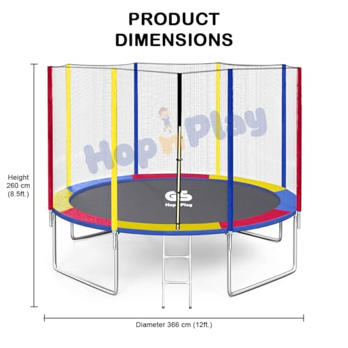 Image of Hop N Play 12FT Rainbow Trampoline for Kids & Adults | Heavy Duty, 200kg Capacity, Safety Net, Ladder, Indoor /Outdoor Fitness Bouncer for Family Fun & Exercise