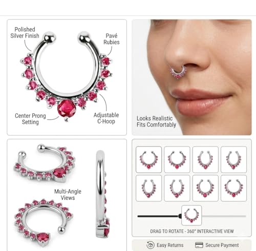 Image of RUVEE Nose & Ear Clip Titanium Plated Pin Non Pierced Just Press for Women & Girls Septum Ring