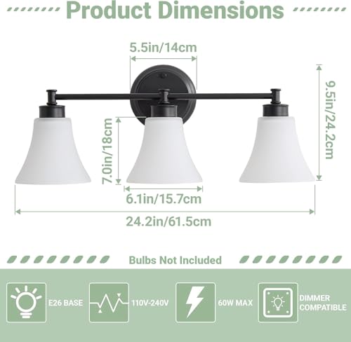 Image of LOUSACE 3 Light Bathroom Vanity Light Matte Black Bathroom Lighting Fixtures Over Mirror with Opal White Frosted Glass, Vintage Traditional Wall Lighting Fixture Vanity Sconces Light for Bedroom