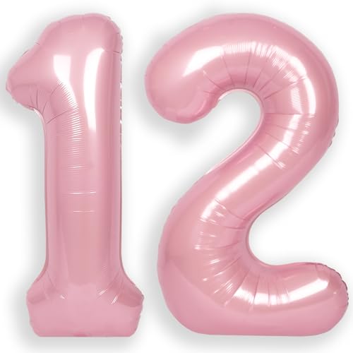 RainbowQ Party 12 Balloon Number 40 Inch for Boy or Girl Big Pink Foil Mylar Large 12 Number Balloon Happy 12th Birthday Party Anniversary Decorations Supplies